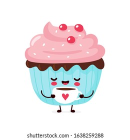 Cute happy smiling cupcake. Vector flat cartoon character illustration icon design.Isolated on white background. Cupcake, cake, dessert menu concept
