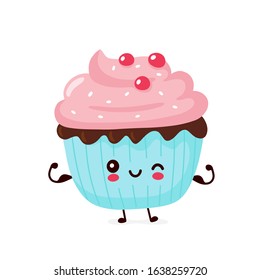 Cute happy smiling cupcake. Vector flat cartoon character illustration icon design.Isolated on white background. Cupcake, cake, dessert menu concept