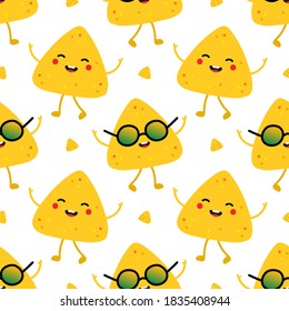 Cute happy smiling dancing nachos, tortilla chips characters vector seamless pattern background for nachos day celebration, mexican food design.