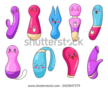 Cute happy smiling dildo vibrator cartoon characters. Kawaii adult toys. Sex shop. Good vibes only. Hand drawn style. Vector drawing. Collection of design elements.