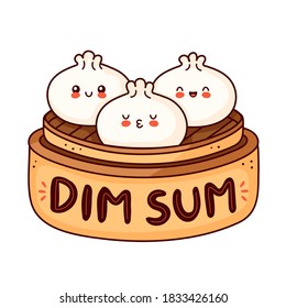 Cute happy smiling dim sum logo. Vector flat cartoon character illustration icon design. Asian,chinese food menu. Dim sum logo concept. Isolated on white background