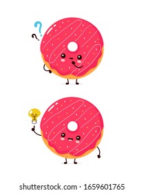 Cute happy smiling donut with question mark and idea lightbulb. Vector flat cartoon character illustration icon design.Isolated on white background. Donut,bakery menu concept
