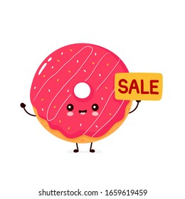 Cute happy smiling donut with sale sign. Vector flat cartoon character illustration icon design.Isolated on white background. Donut,bakery menu concept