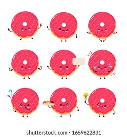 Cute happy smiling donut set collection. Vector flat cartoon character illustration icon design.Isolated on white background. Donut,bakery menu bundle concept