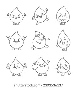 Cute happy smiling drop characters. Coloring Page. Cartoon kawaii face. Hand drawn style. Vector drawing. Collection of design elements.