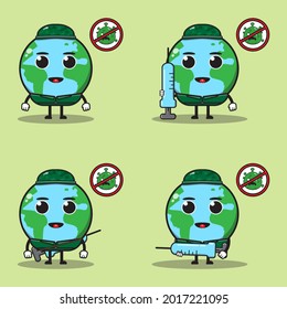 Cute happy smiling Earth soldier with vaccine set collection. Vector flat cartoon character illustration icon design. Syringe, medical vaccine bundle.