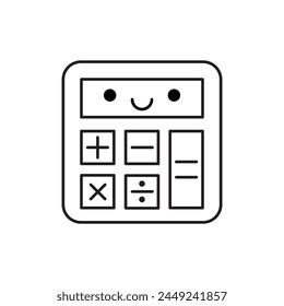 Cute happy smiling electronic calculator character line icon isolated on white background. Vector illustration.