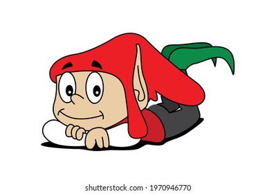 Cute happy smiling elf character lying on the floor with cross legs up. Cartoon style vector illustration. 