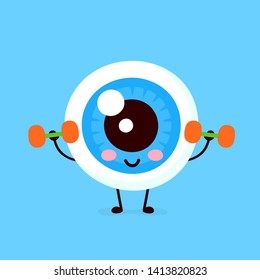 Cute happy smiling eye doing exercises with dumbbells. Vector modern flat style cartoon character illustration. Isolated on white background.Eye train concept