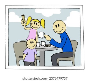 Cute happy smiling family, father, son and daughter characters sitting having lunch. Cartoon colorful hand drawn style vector illustration.