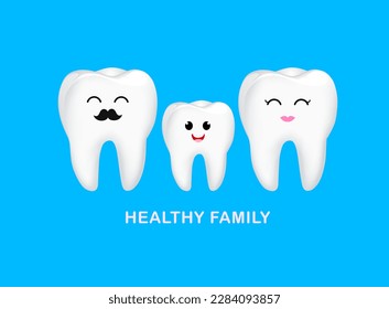 Cute happy smiling family of teeth character. Clear tooth, dental care concept. Illustration.