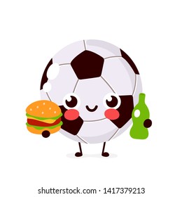 Cute happy smiling Football ball with bottle of beer and burger character. Vector flat cartoon illustration icon design. Isolated on white background. Football ball character concept