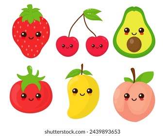 Cute happy smiling fruit face set. flat cartoon character illustration collection vector