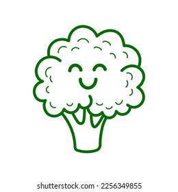 Cute happy smiling funny broccoli vegetable kawaii character. Vector modern line style cartoon icon isolated on white background. Healthy food concept.