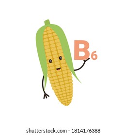 Cute happy smiling funny kawaii ripe corn. Useful Vitamin B6 product. Flat vector cartoon modern character illustration.