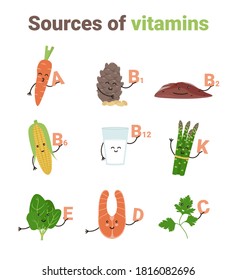 Cute happy smiling funny kawaii set cartoon food, sources of important  vitamins for human. Flat vector cartoon modern character illustration.