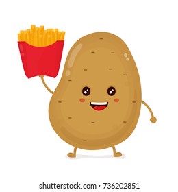 Cute happy smiling funny potato with French fries box. Vector flat cartoon character illustration icon design.Isolated on white background. potato vegetable,French fries
concept