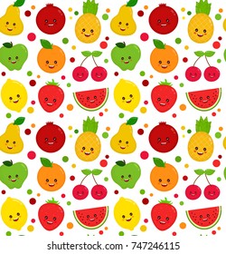 Cute happy smiling funny raw fruit collection set seamless pattern.Vector flat style cartoon character illustration.Isolated on white background.Fruits pattern concept,apple,pineapple,strawberry,pear
