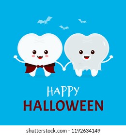 Cute happy smiling funny tooth in Halloween vampire and ghost costume .Vector modern flat style cartoon character illustration.Clear tooth kid children. Happy Halloween concept dental dentist card.