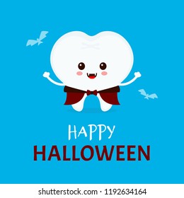 Cute Happy Smiling Funny Tooth In Halloween Vampire Costume .Vector Modern Flat Style Cartoon Character Illustration.Clear Tooth Kid Children. Happy Halloween Concept Dental Dentist Card.