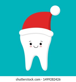 Cute happy smiling funny tooth with christmas hat. Vector modern flat style cartoon character illustration. Isolated on blue background.