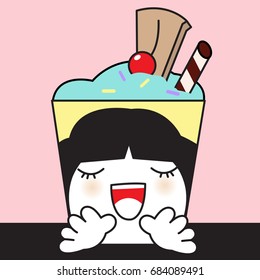 Cute Happy Smiling Girl With Two Hands Wave Greeting Friends On Her Cup Of Ice Cream And Treats Concept Card Character illustration