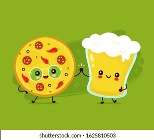 Cute happy smiling glass of beer and pizza. Vector flat cartoon character illustration icon design. Beer glass and pizza,bar alcohol menu concept