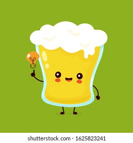 Cute happy smiling glass of beer with light bulb. Vector flat cartoon character illustration icon design. Beer glass,bar alcohol menu concept