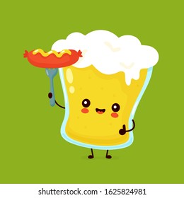 Cute happy smiling glass of beer sausage on fork. Vector flat cartoon character illustration icon design. Beer glass and sausage,grill bar menu concept
