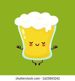 Cute happy smiling glass of beer meditate in yoga pose. Vector flat cartoon character illustration icon design. Beer glass,bar alcohol menu concept