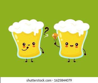 Cute happy smiling glass of beer with question mark and idea lightbulb. Vector flat cartoon character illustration icon design. Beer glass,bar alcohol menu concept