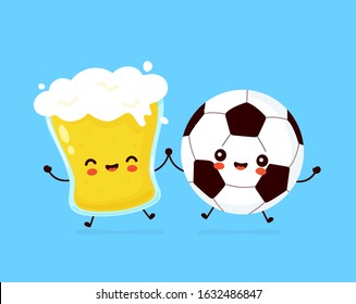 Cute happy smiling glass of beer and soccer football ball. Vector flat cartoon character illustration icon design. Beer glass and football ball,sport bar menu concept