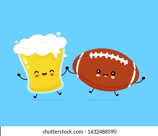Cute happy smiling glass of beer and american football ball. Vector flat cartoon character illustration icon design. Beer glass and football ball,sport bar menu concept