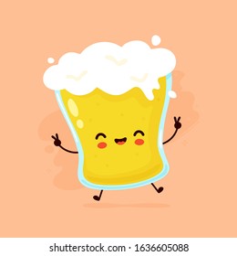 Cute happy smiling glass of beer. Vector flat cartoon character illustration icon design. Beer glass,bar alcohol menu concept