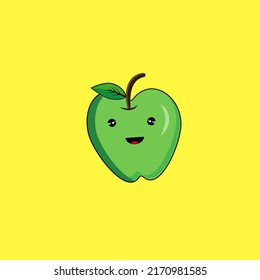 Cute happy smiling green apple character. Vector flat cartoon illustration icon design. Isolated on yellow background. Apple character concept