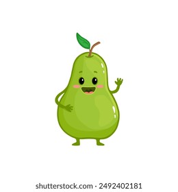 Cute happy smiling green pear. Flat cartoon fruit isolated on white. Illustration for kids, magazins, menu, market, cards. Vector