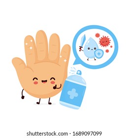 Cute happy smiling hand disinfect antiseptic spray bottle. Vector cartoon character illustration icon design.Isolated on white background