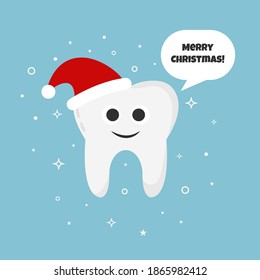 Cute happy smiling healthy tooth in santa hat. Speech bubble with text "Merry Christmas". Flat cartoon vector illustration