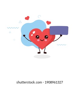 Personaje de corazón alegre y sonriente que sostiene un diseño de cartel o carteles vacío. ilustración de dibujos animados kawaii.graciosa ilustración vectorial.