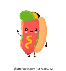 Cute happy smiling hot dog. Vector flat cartoon character illustration icon design.Isolated on white background. Hotdog,fast food concept