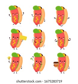 Cute happy smiling hot dog set collection. Vector flat cartoon character illustration icon design.Isolated on white background. Hotdog,fast food bundle concept