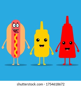 Cute happy smiling hot dog and mustard ketchup bottles. Vector cartoon character illustration.
