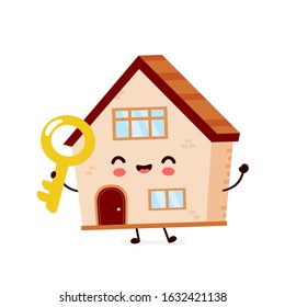 Cute Happy Smiling House With Gold Key. Vector Flat Cartoon Character Illustration Icon Design. House Build,home Concept