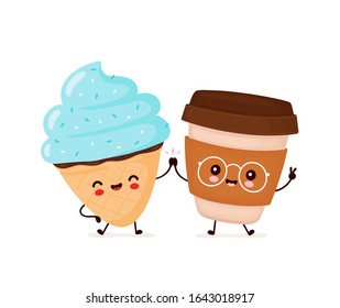 Cute happy smiling ice cream cone and coffee cup. Vector flat cartoon character illustration icon design.Isolated on white background. Ice cream cone and coffee, dessert menu concept