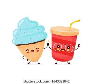 Cute happy smiling ice cream cone and soda cup. Vector flat cartoon character illustration icon design.Isolated on white background. Ice cream cone and soda, dessert menu concept