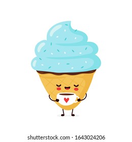 Cute happy smiling ice cream cone drink coffee. Vector flat cartoon character illustration icon design.Isolated on white background. Ice cream cone, dessert menu concept