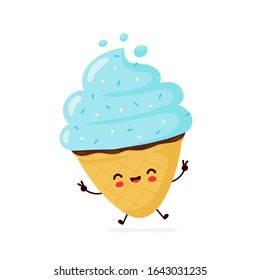 Cute happy smiling ice cream cone. Vector flat cartoon character illustration icon design.Isolated on white background. Ice cream cone, dessert menu concept