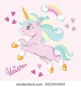 Cute happy smiling jumping unicorn with rainbow and hearts. Vector illustration in cartoon style for print and decor kids clothes, fabrics, souvenirs, stickers. Isolated character on pink background