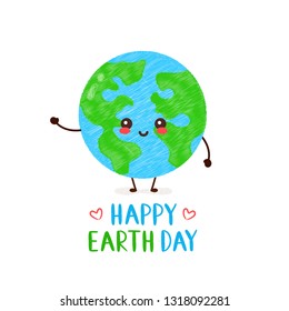 Cute happy smiling kawaii Earth planet. Happy Earth day card.Vector hand drawing style illustration card desgin. Isolated on white background. Spring,earth day,forest,go green,ecology concept