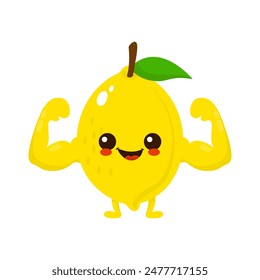 Cute happy smiling lemon fruit show muscle character. Vector hand drawn cartoon kawaii character
